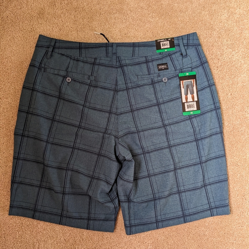 O'Neill Hybrid Blue Plaid Casual Tech Flat Front Shorts